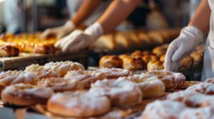 Bäckereimitarbeiter mit Handschuhen ordnen verschiedene süße Backwaren auf Tabletts.